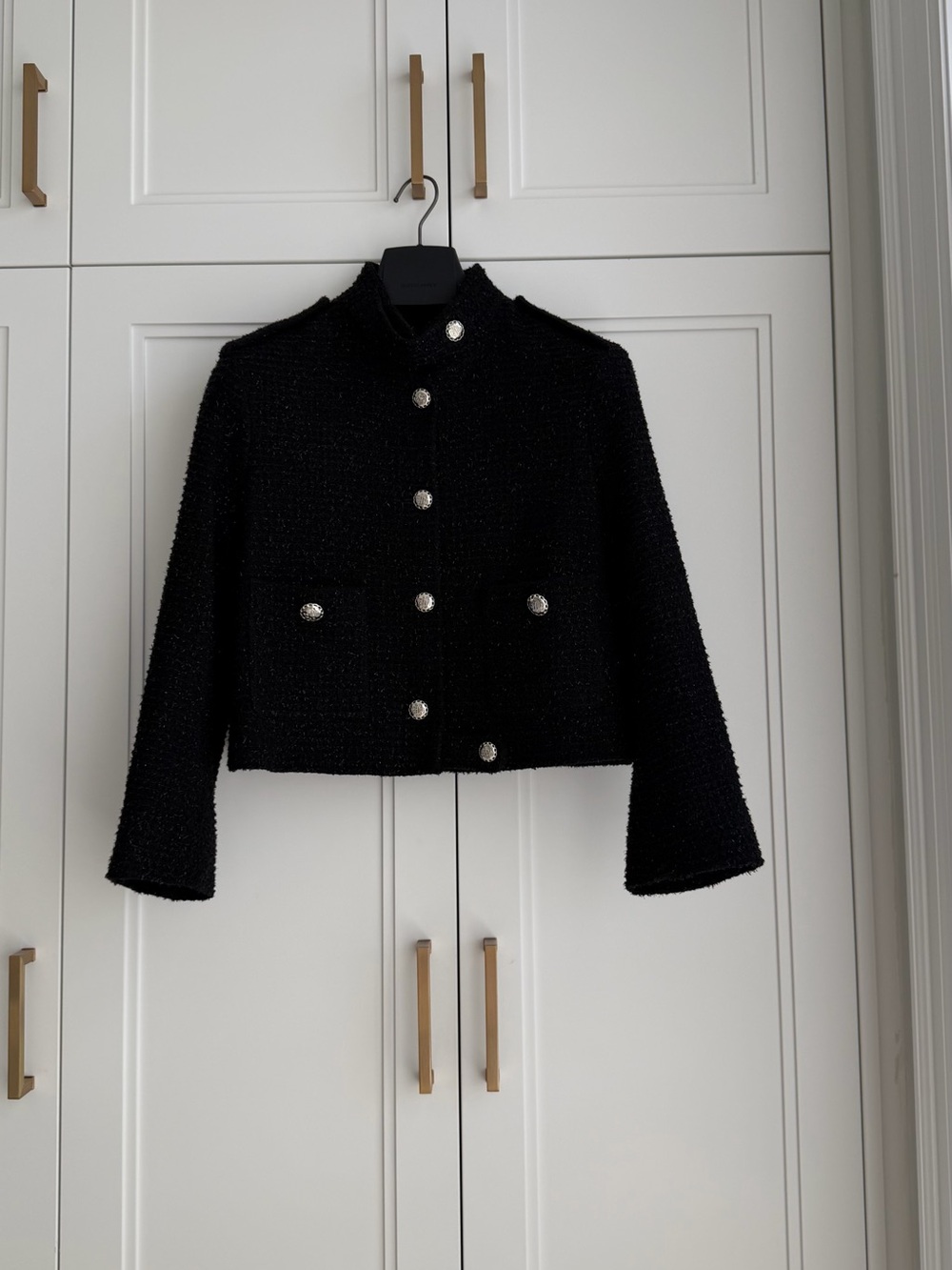 Maje Black Cropped Tweed Jacket with Decorative Buttons